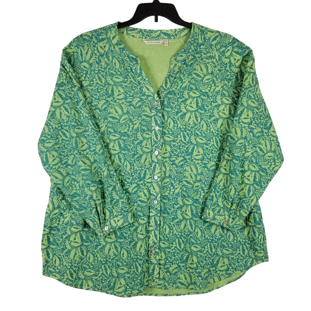 Soft Surroundings Button Down‎ Shirt Womens 2X Green Leaf Print Cotton 5FV39